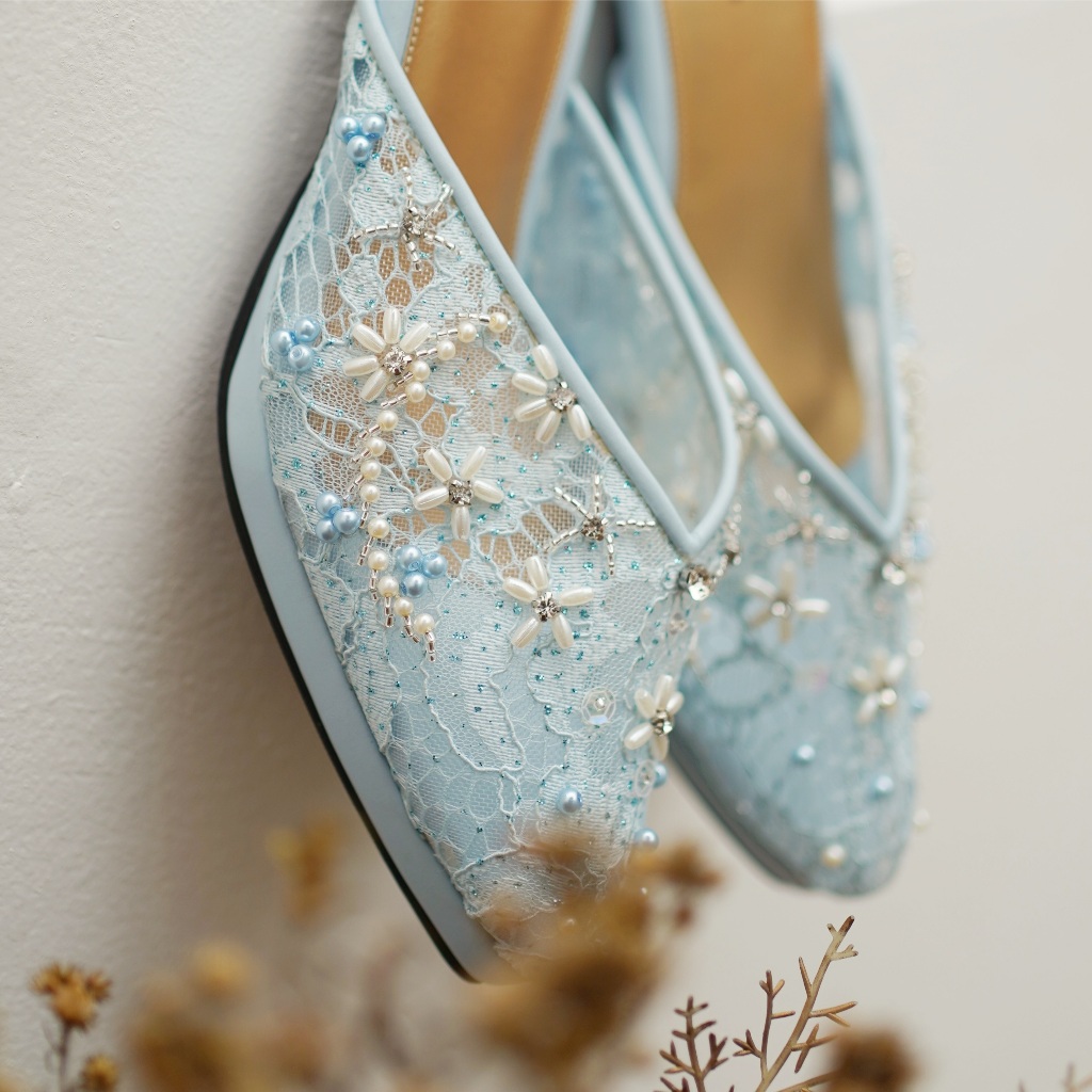 Deu_Calantha Sepatu Pesta Wanita Wedding Selop Payet Grasella Heels Blok 7 Cm Bahan Kain Brokat