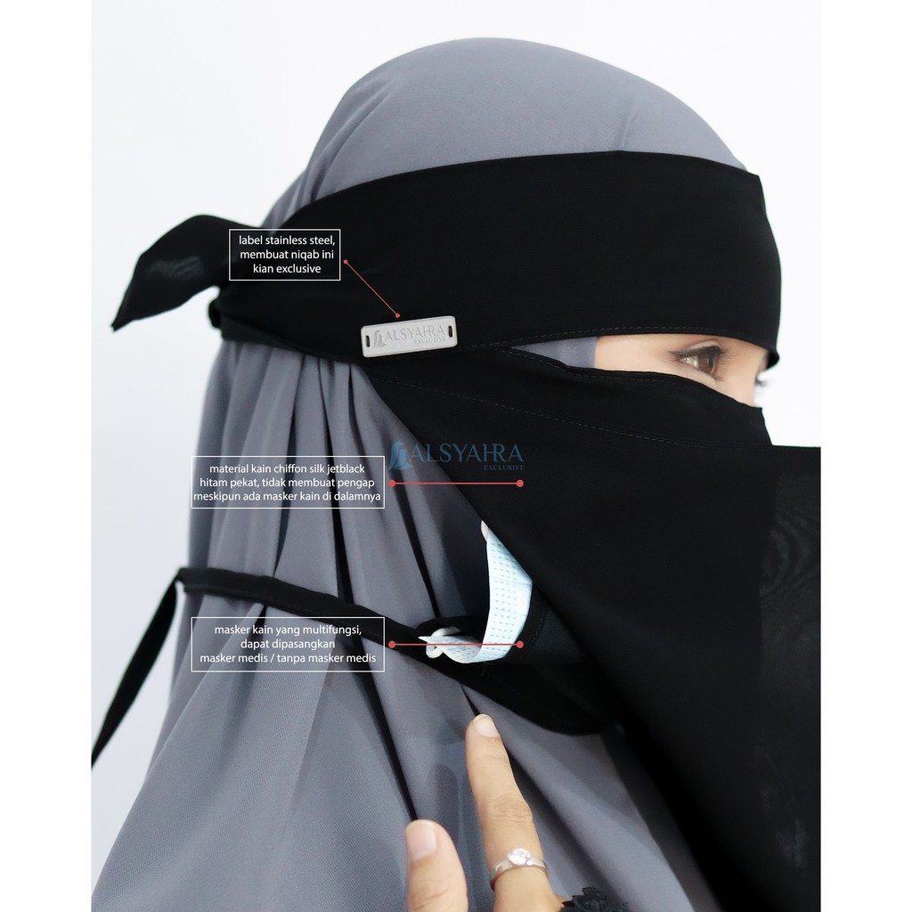 Alsyahra Exclusive Masker Cadar Niqab Bandana Himayah Sifon Silk Jetblack
