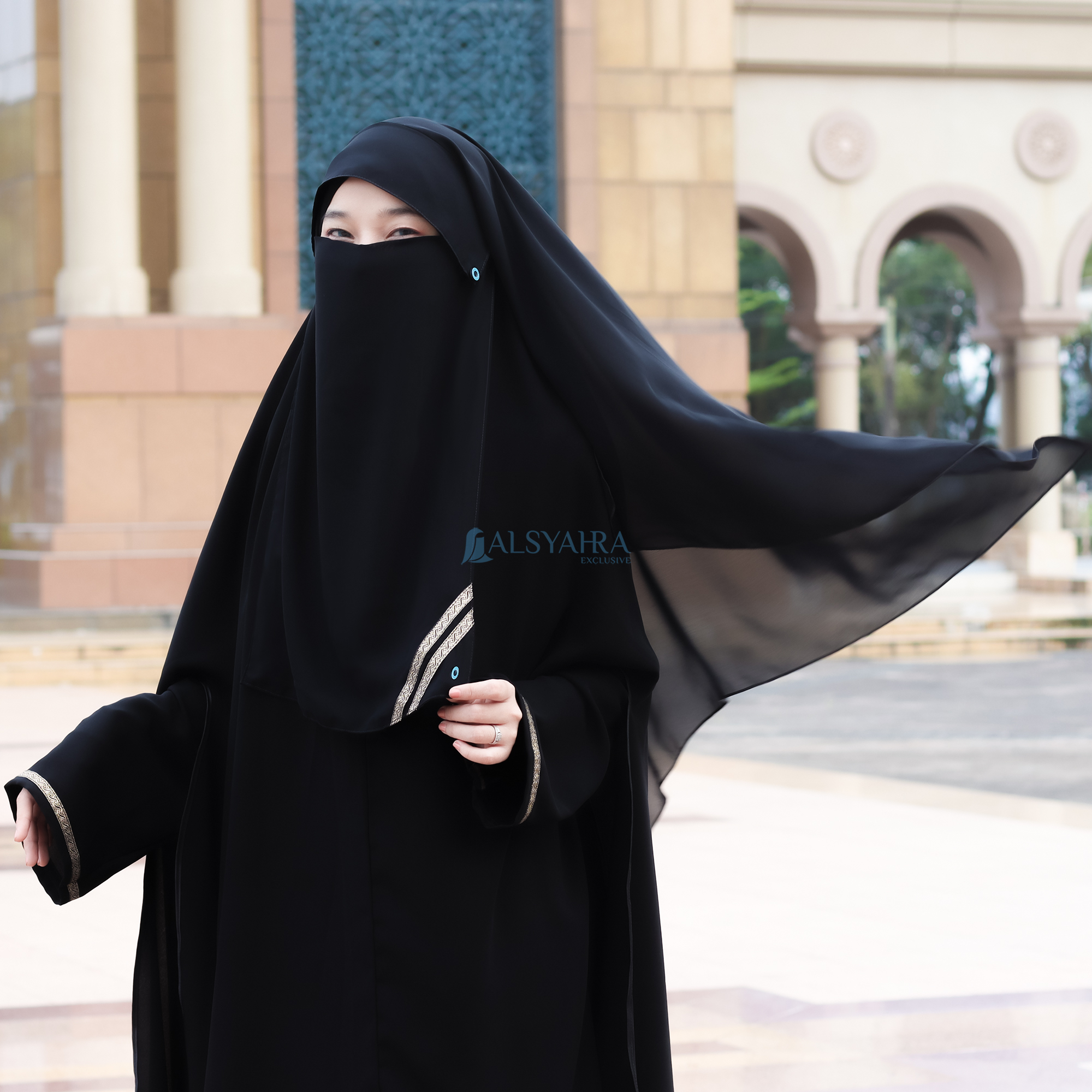 Alsyahra Exclusive - Niqab Yaman Poni Kancing Raudhah Kiswah Sifon Silk Jetblack