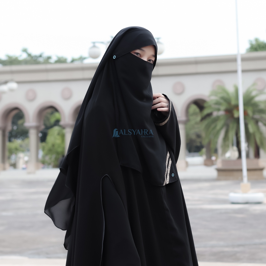 Alsyahra Exclusive - Niqab Yaman Poni Kancing Raudhah Kiswah Sifon Silk Jetblack