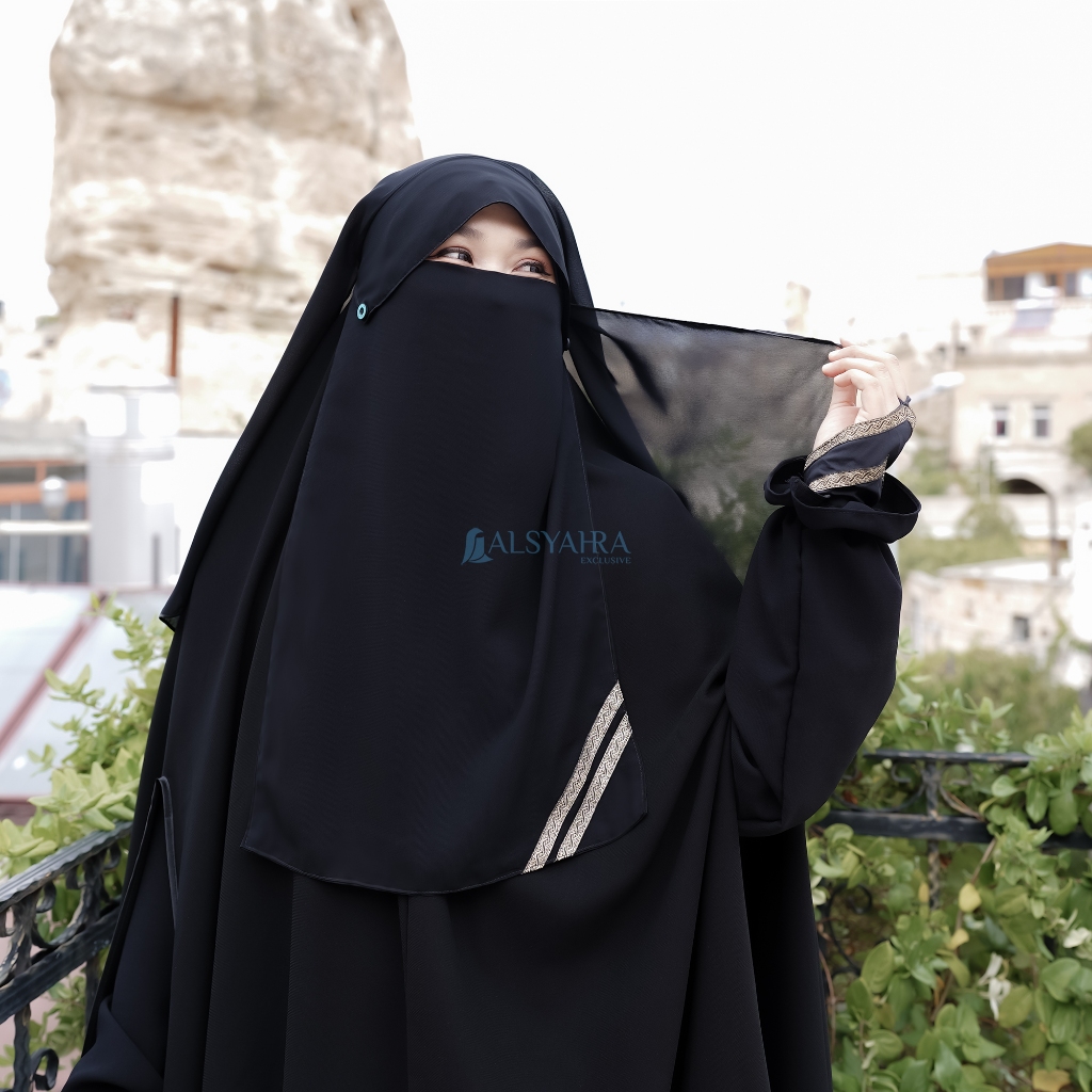 Alsyahra Exclusive - Niqab Yaman Poni Kancing Raudhah Kiswah Sifon Silk Jetblack