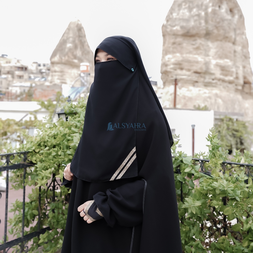 Alsyahra Exclusive - Niqab Yaman Poni Kancing Raudhah Kiswah Sifon Silk Jetblack
