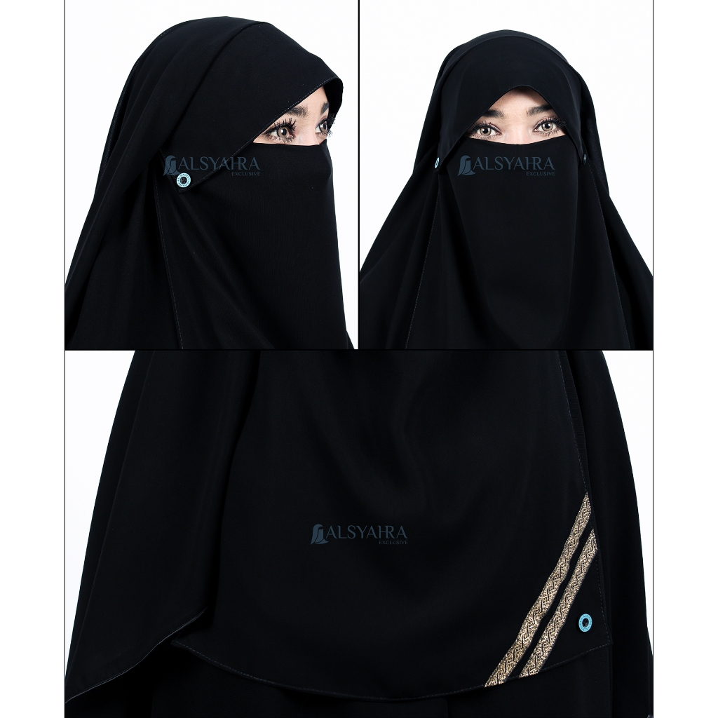 Alsyahra Exclusive - Niqab Yaman Poni Kancing Raudhah Kiswah Sifon Silk Jetblack
