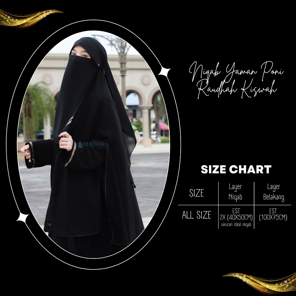 Alsyahra Exclusive - Niqab Yaman Poni Kancing Raudhah Kiswah Sifon Silk Jetblack
