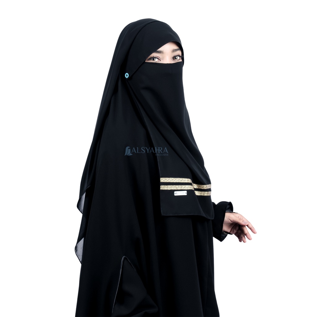 Alsyahra Exclusive Niqab Yaman Poni Kancing Raudhah Kiswah Stripe Sifon Silk Jetblack