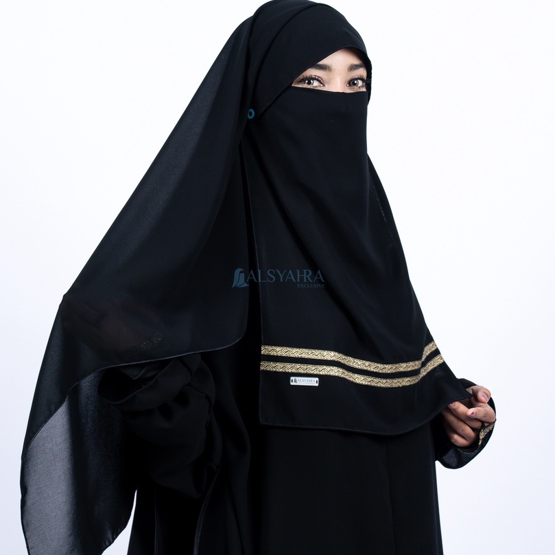 Alsyahra Exclusive Niqab Yaman Poni Kancing Raudhah Kiswah Stripe Sifon Silk Jetblack