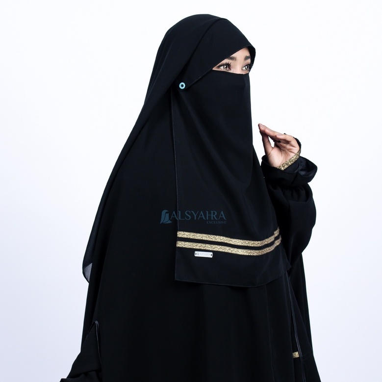 Alsyahra Exclusive Niqab Yaman Poni Kancing Raudhah Kiswah Stripe Sifon Silk Jetblack