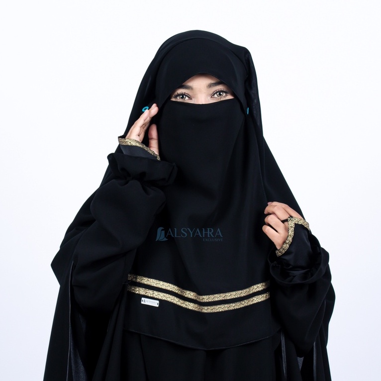 Alsyahra Exclusive Niqab Yaman Poni Kancing Raudhah Kiswah Stripe Sifon Silk Jetblack