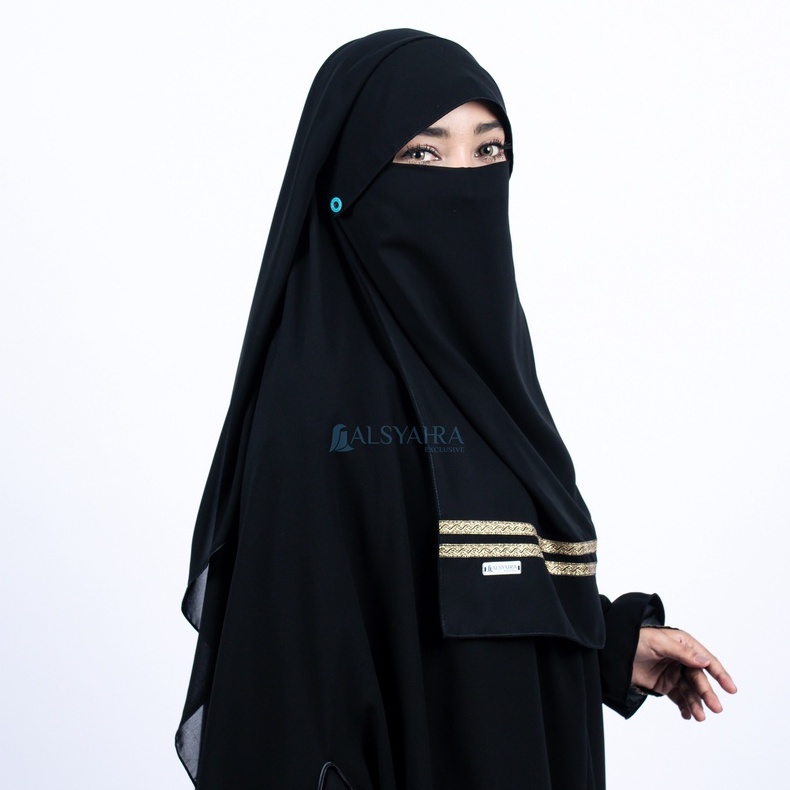 Alsyahra Exclusive Niqab Yaman Poni Kancing Raudhah Kiswah Stripe Sifon Silk Jetblack