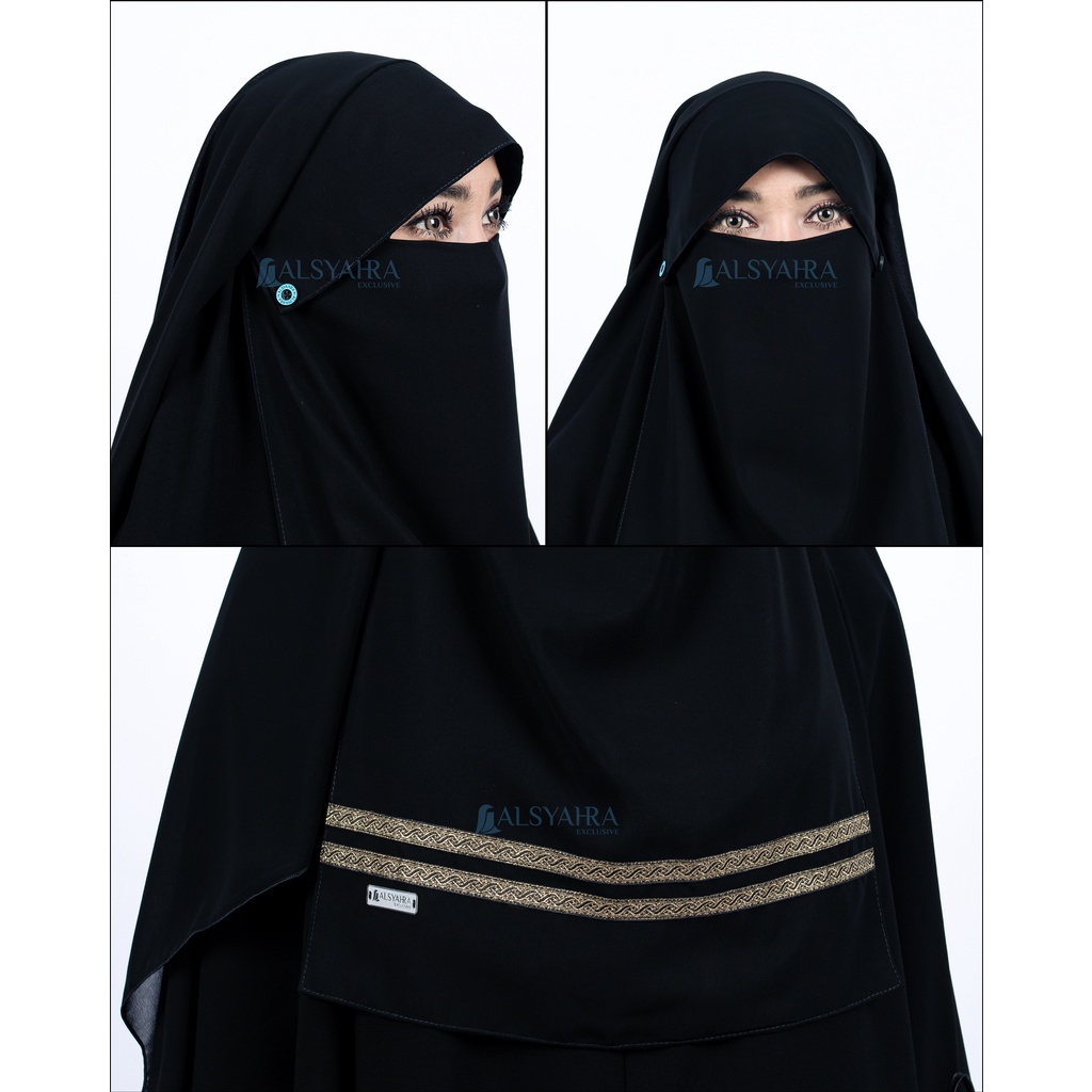 Alsyahra Exclusive Niqab Yaman Poni Kancing Raudhah Kiswah Stripe Sifon Silk Jetblack