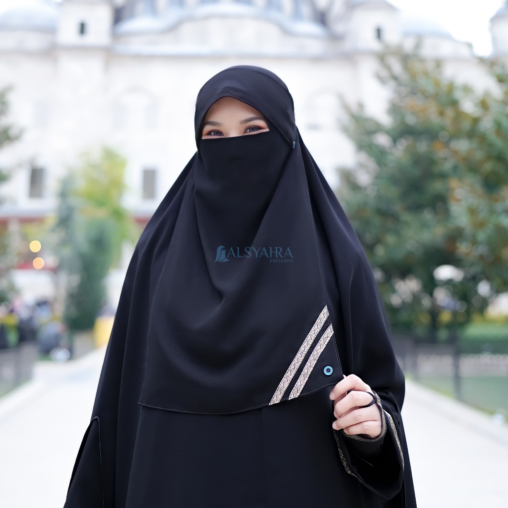 Alsyahra Exclusive - Niqab Poni Kancing Raudhah Kiswah Sifon Silk Jetblack Arab