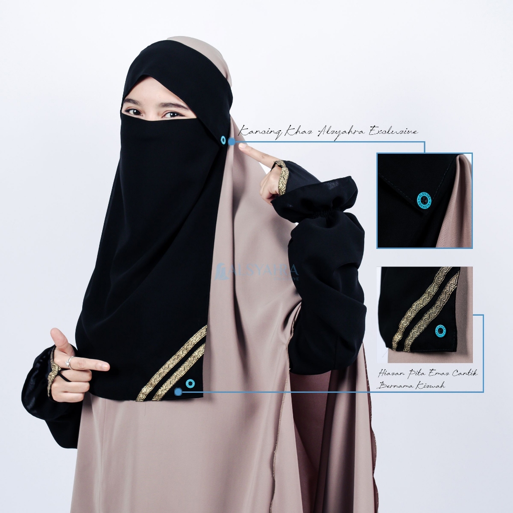Alsyahra Exclusive - Niqab Poni Kancing Raudhah Kiswah Sifon Silk Jetblack Arab