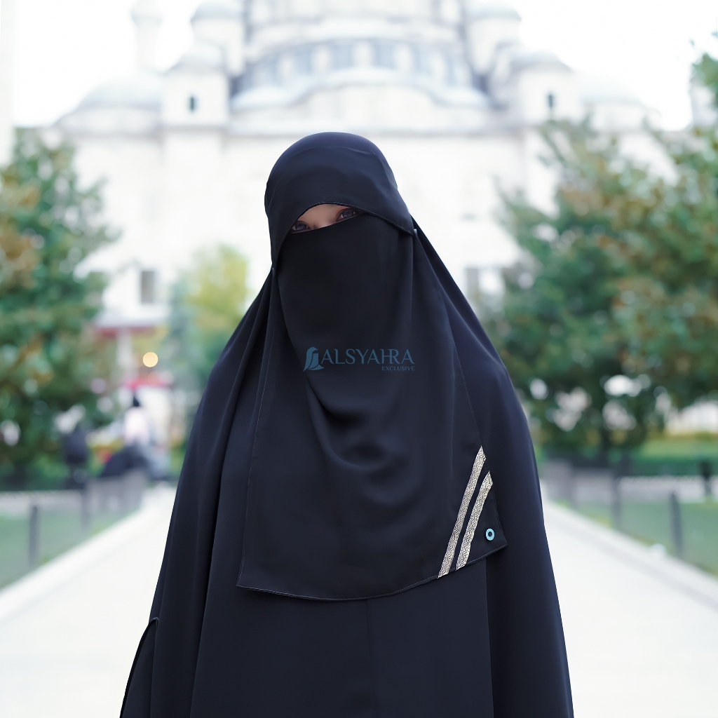 Alsyahra Exclusive - Niqab Poni Kancing Raudhah Kiswah Sifon Silk Jetblack Arab