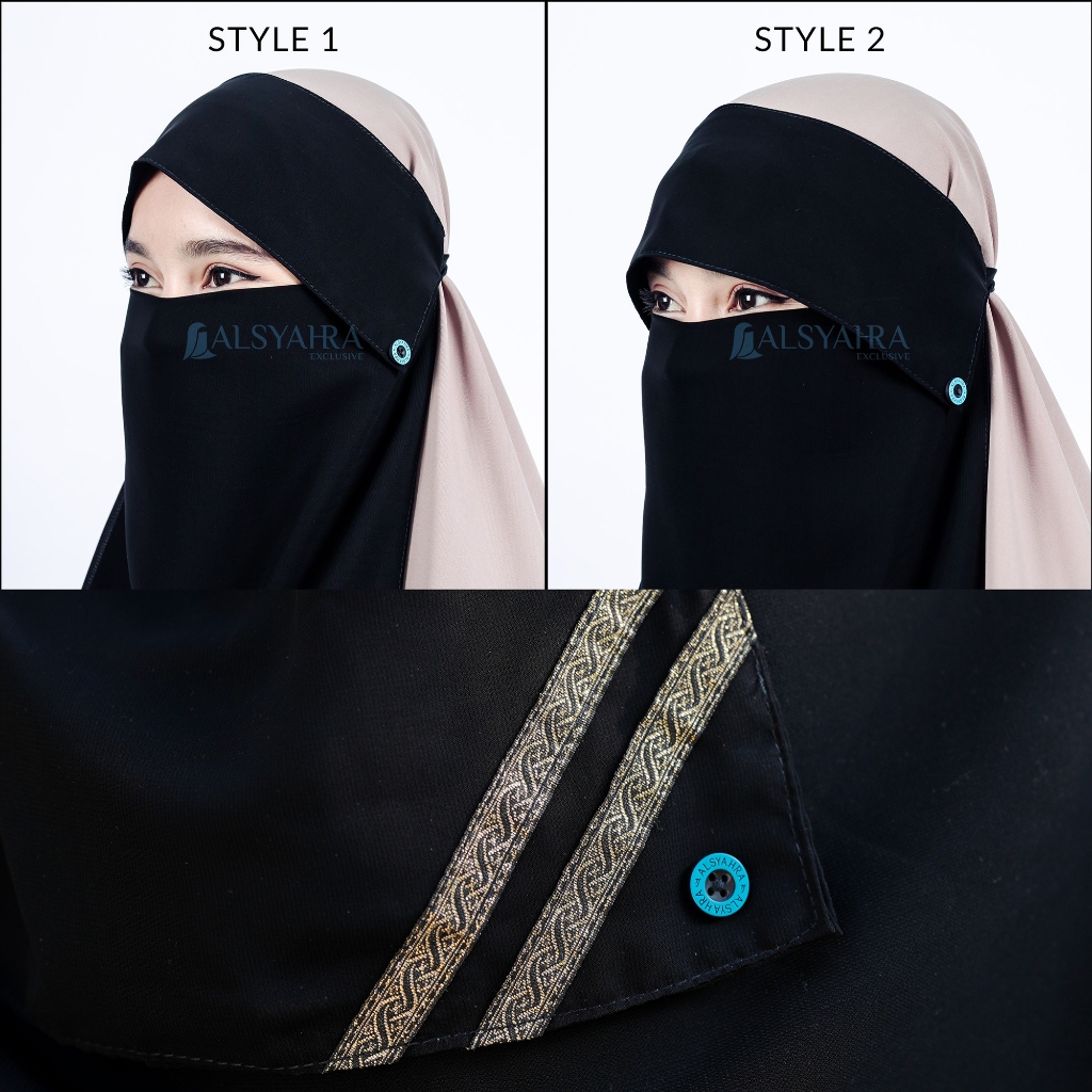 Alsyahra Exclusive - Niqab Poni Kancing Raudhah Kiswah Sifon Silk Jetblack Arab