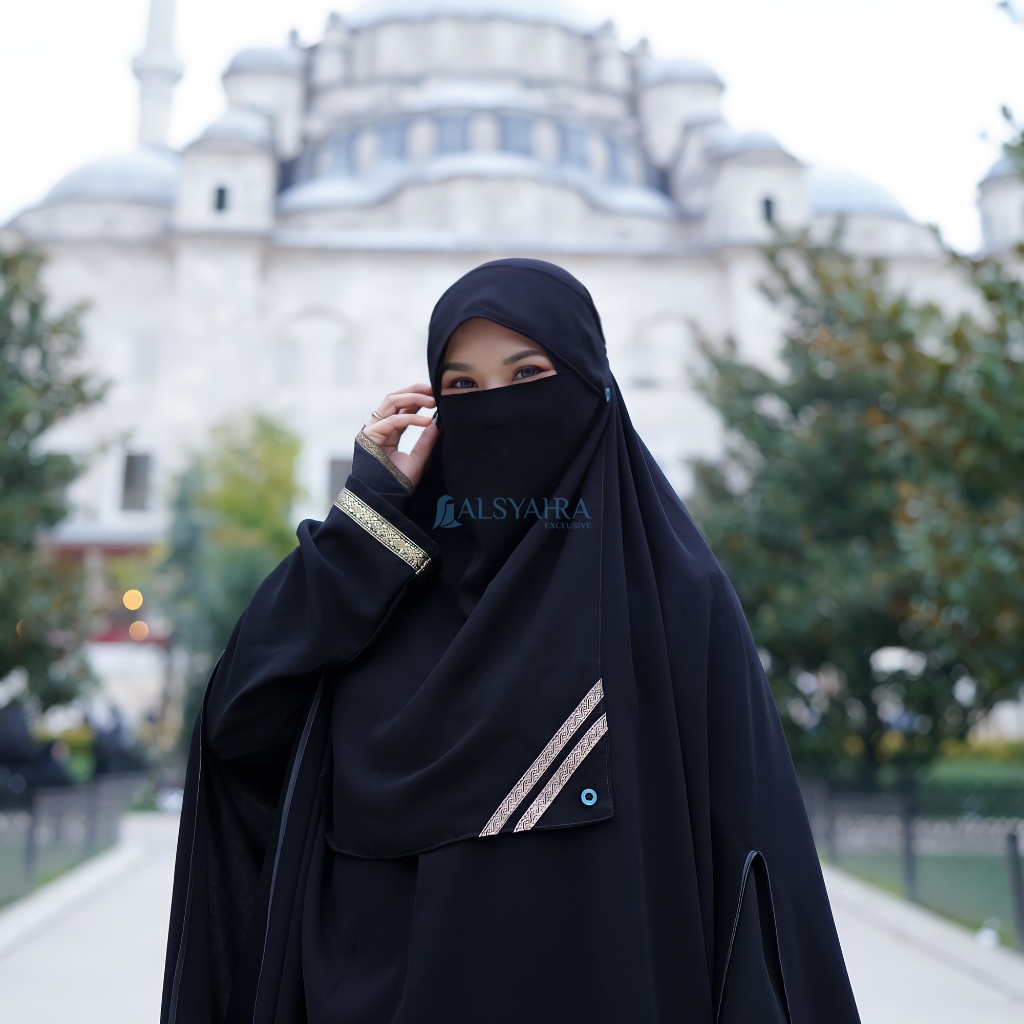 Alsyahra Exclusive - Niqab Poni Kancing Raudhah Kiswah Sifon Silk Jetblack Arab