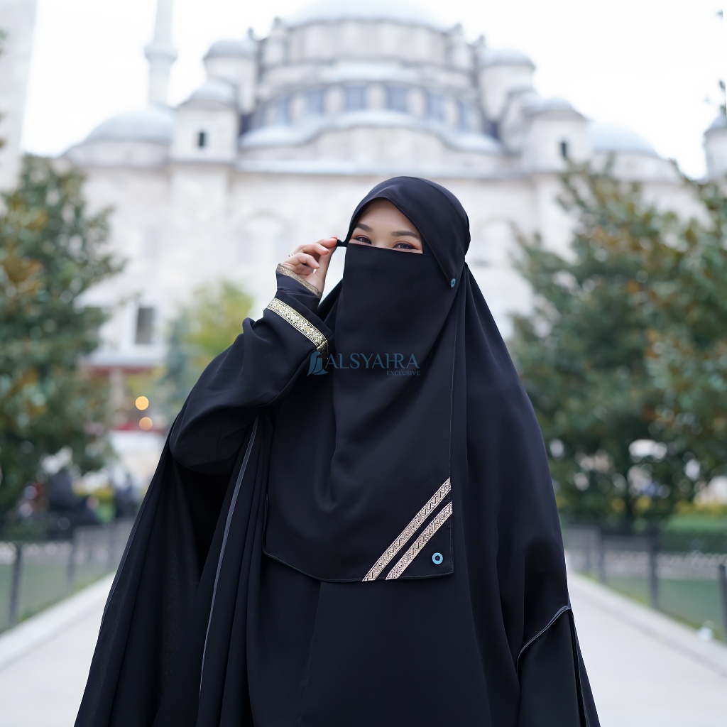 Alsyahra Exclusive - Niqab Poni Kancing Raudhah Kiswah Sifon Silk Jetblack Arab
