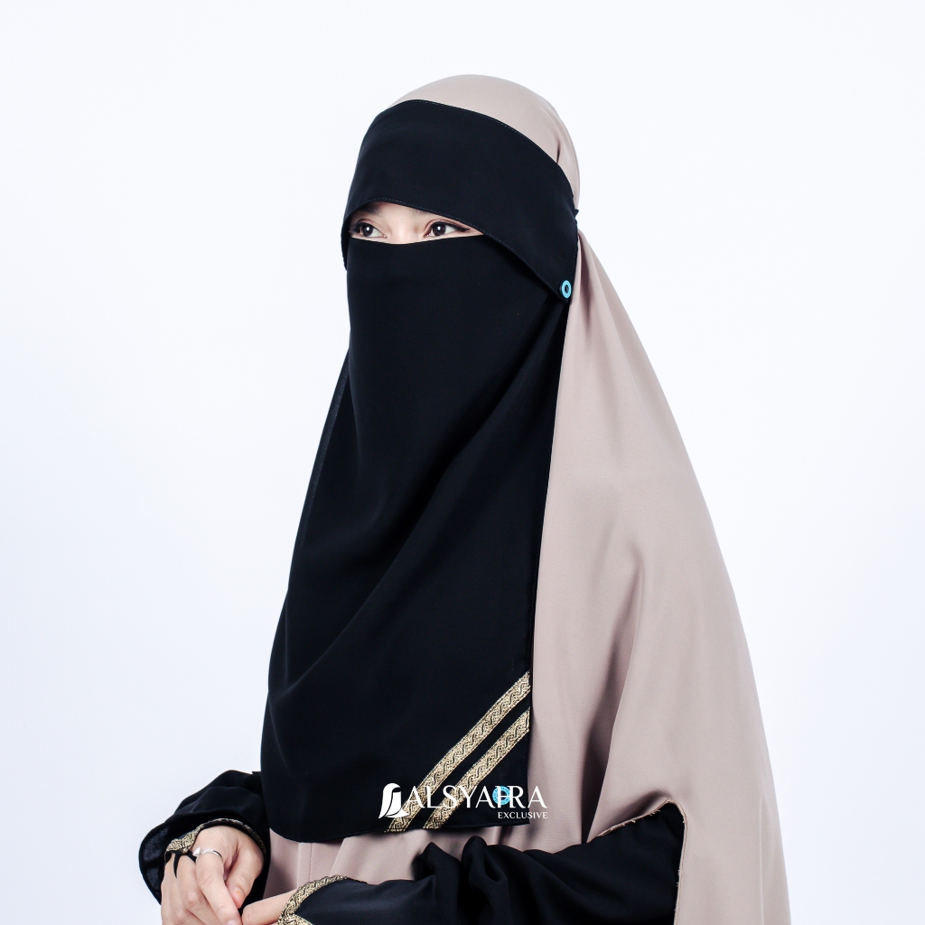 Alsyahra Exclusive - Niqab Poni Kancing Raudhah Kiswah Sifon Silk Jetblack Arab
