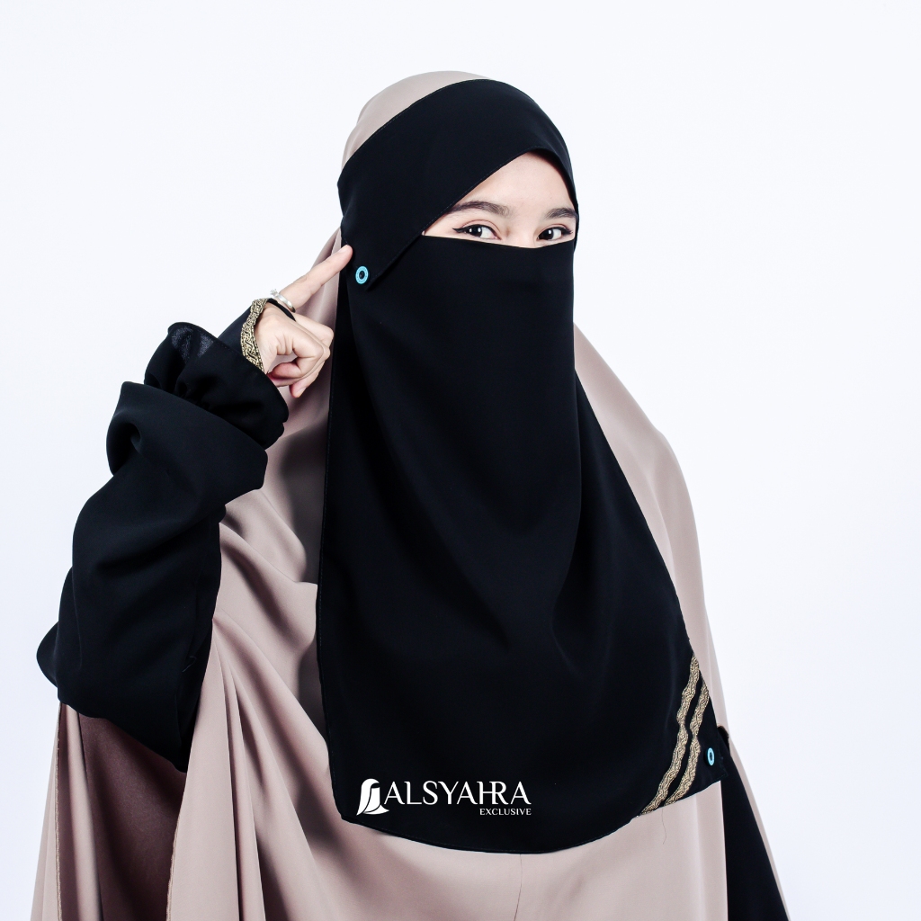 Alsyahra Exclusive - Niqab Poni Kancing Raudhah Kiswah Sifon Silk Jetblack Arab