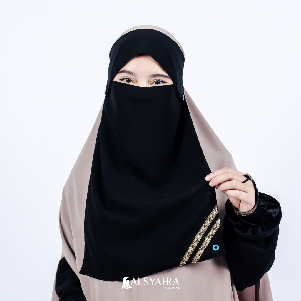 Alsyahra Exclusive - Niqab Poni Kancing Raudhah Kiswah Sifon Silk Jetblack Arab