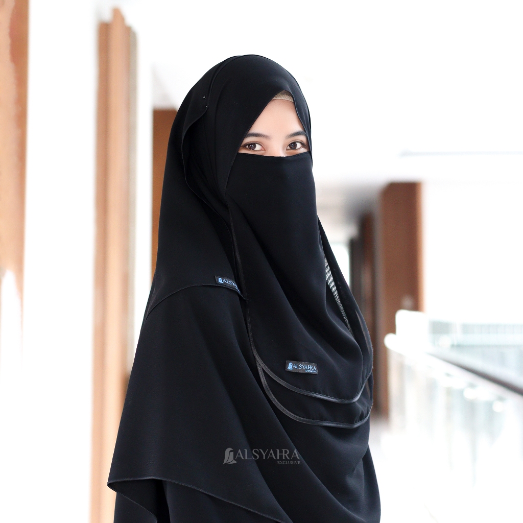 Alsyahra Exclusive - Cadar Tali Ikhfa 2 layer Sifon Silk Jetblack Arab