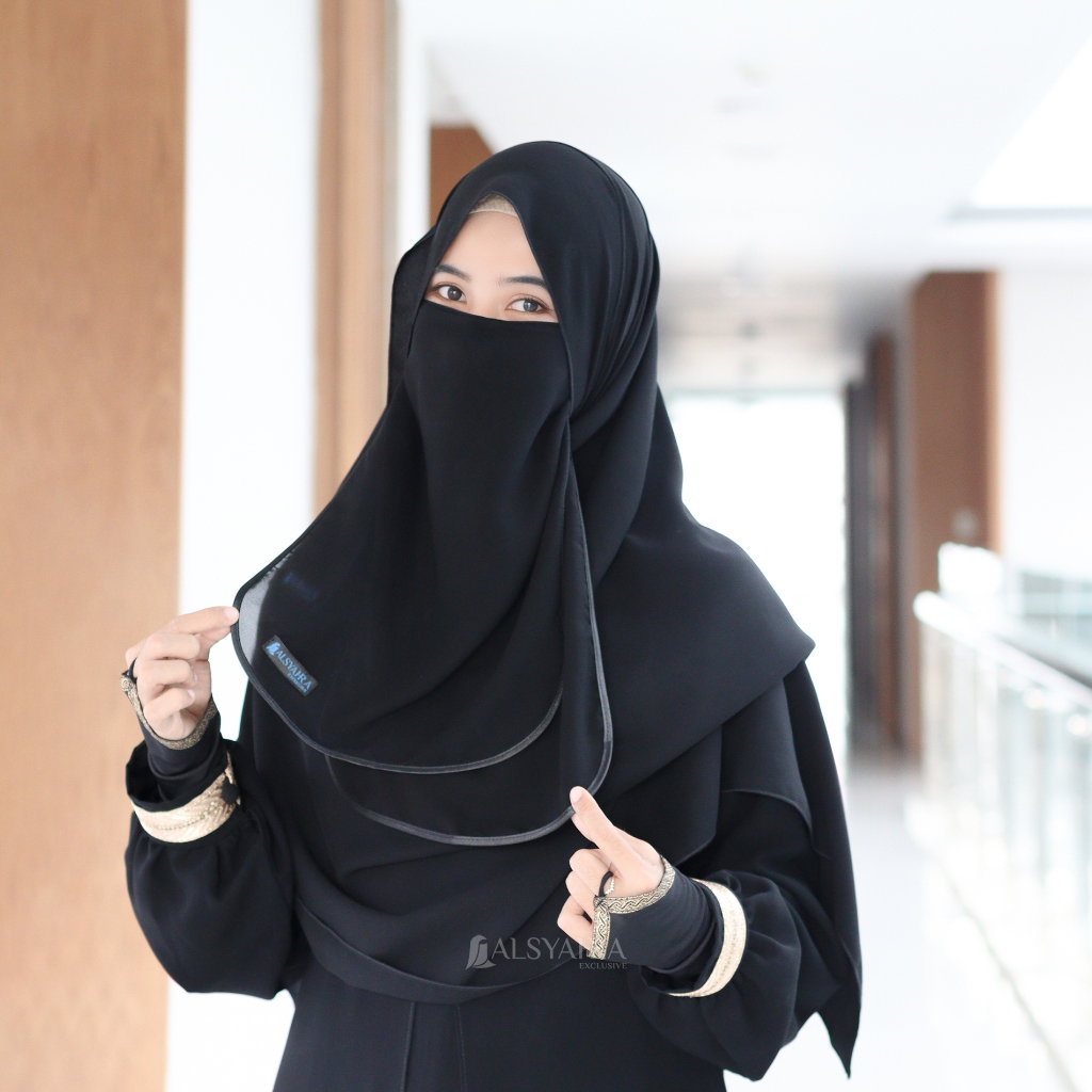 Alsyahra Exclusive - Cadar Tali Ikhfa 2 layer Sifon Silk Jetblack Arab
