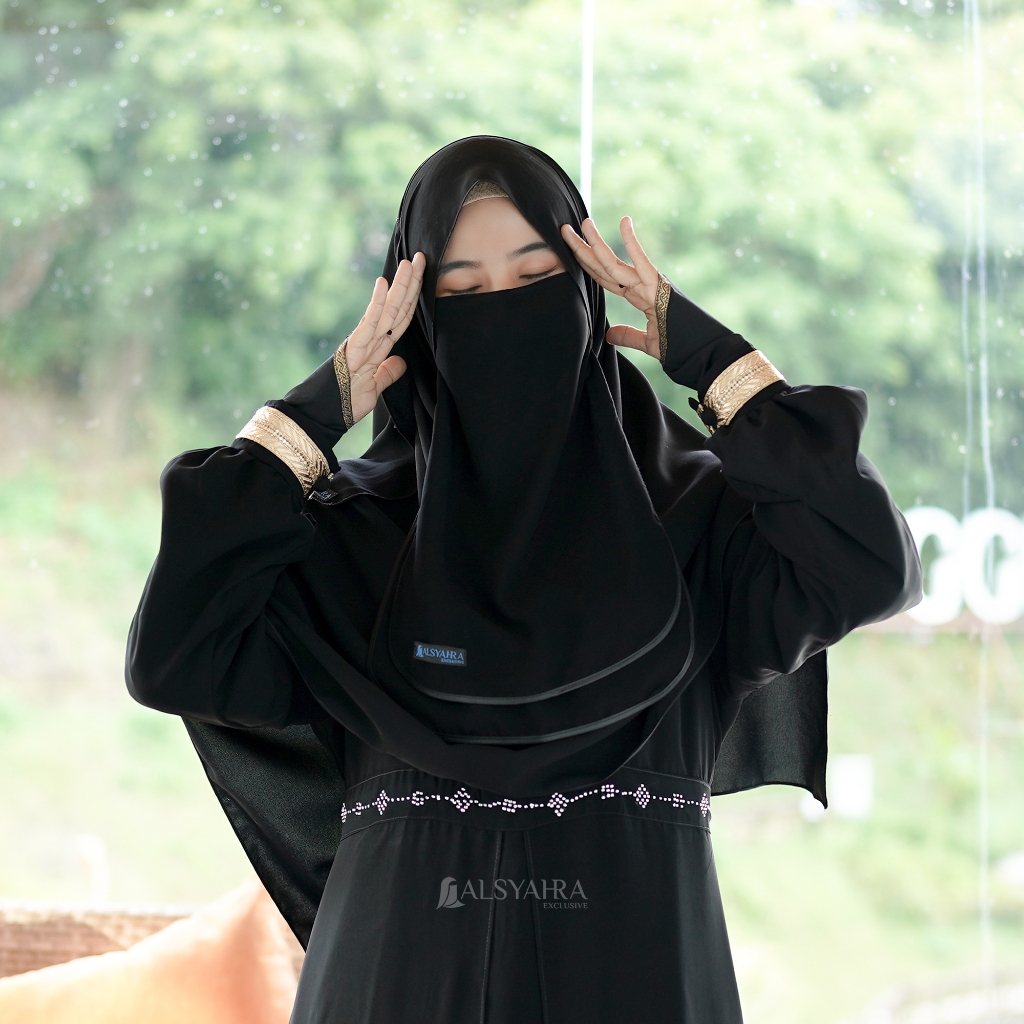 Alsyahra Exclusive - Cadar Tali Ikhfa 2 layer Sifon Silk Jetblack Arab