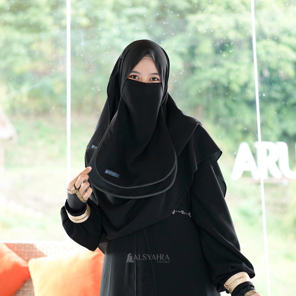 Alsyahra Exclusive - Cadar Tali Ikhfa 2 layer Sifon Silk Jetblack Arab