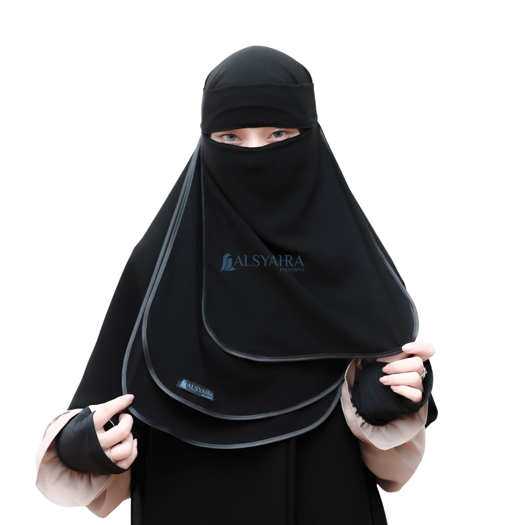Alsyahra Exclusive - Niqab Bandana Ikhfa 3 layer Sifon Silk Jetblack Arab
