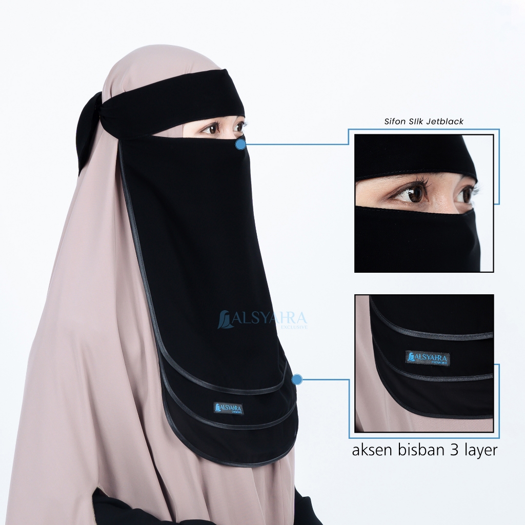 Alsyahra Exclusive - Niqab Bandana Ikhfa 3 layer Sifon Silk Jetblack Arab