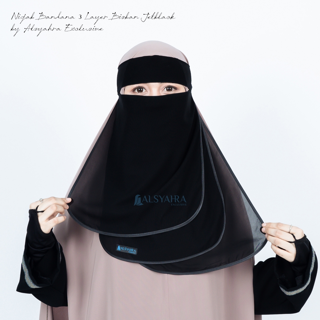 Alsyahra Exclusive - Niqab Bandana Ikhfa 3 layer Sifon Silk Jetblack Arab