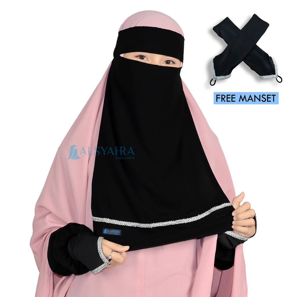 Set Niqab Bandana Sifon Jetblack Manset Cincin Renda Zahrah Alsyahra Exclusive