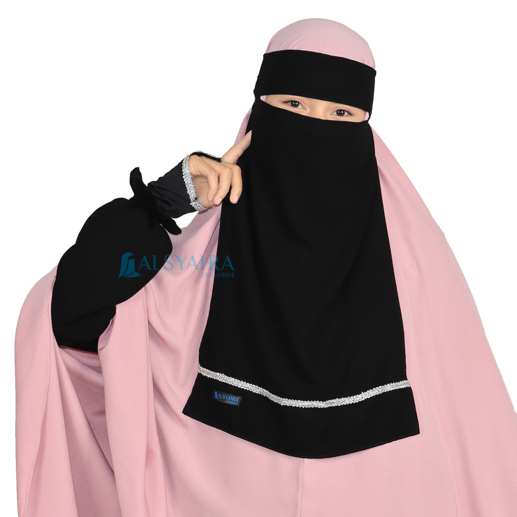 Set Niqab Bandana Sifon Jetblack Manset Cincin Renda Zahrah Alsyahra Exclusive