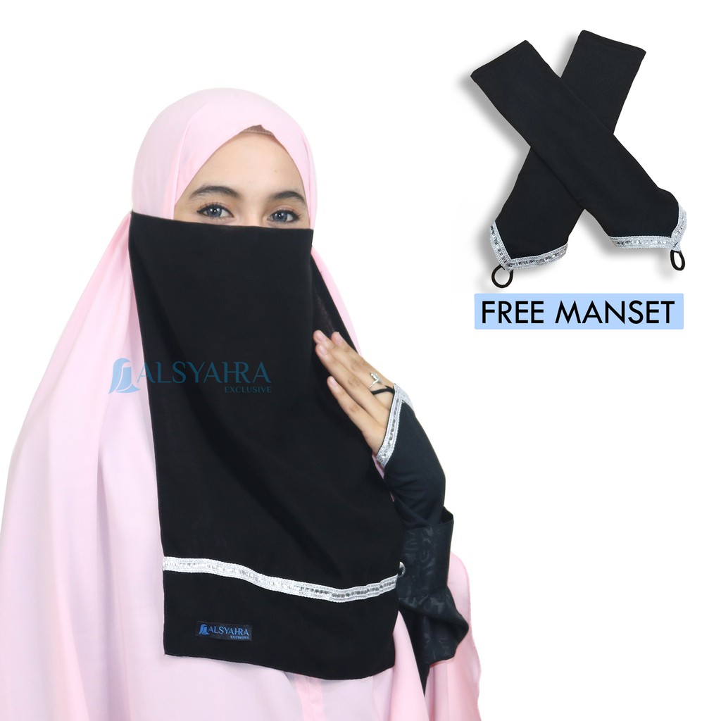 Set Cadar Tali Diamond Manset Cincin Alsyahra Exclusive Chiffon Silk Jetblack