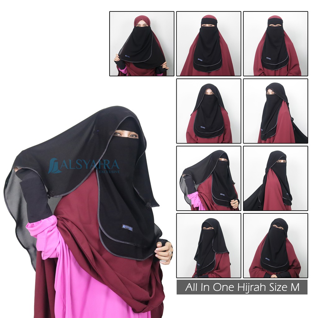 Alsyahra Exclusive - Bundling Niqab All In One Hijrah Size M Sifon Silk Jetblack Arab 12 Style