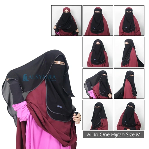 Image of Alsyahra Exclusive - Bundling Niqab All In One Hijrah Size M Sifon Silk Jetblack Arab 12 Style