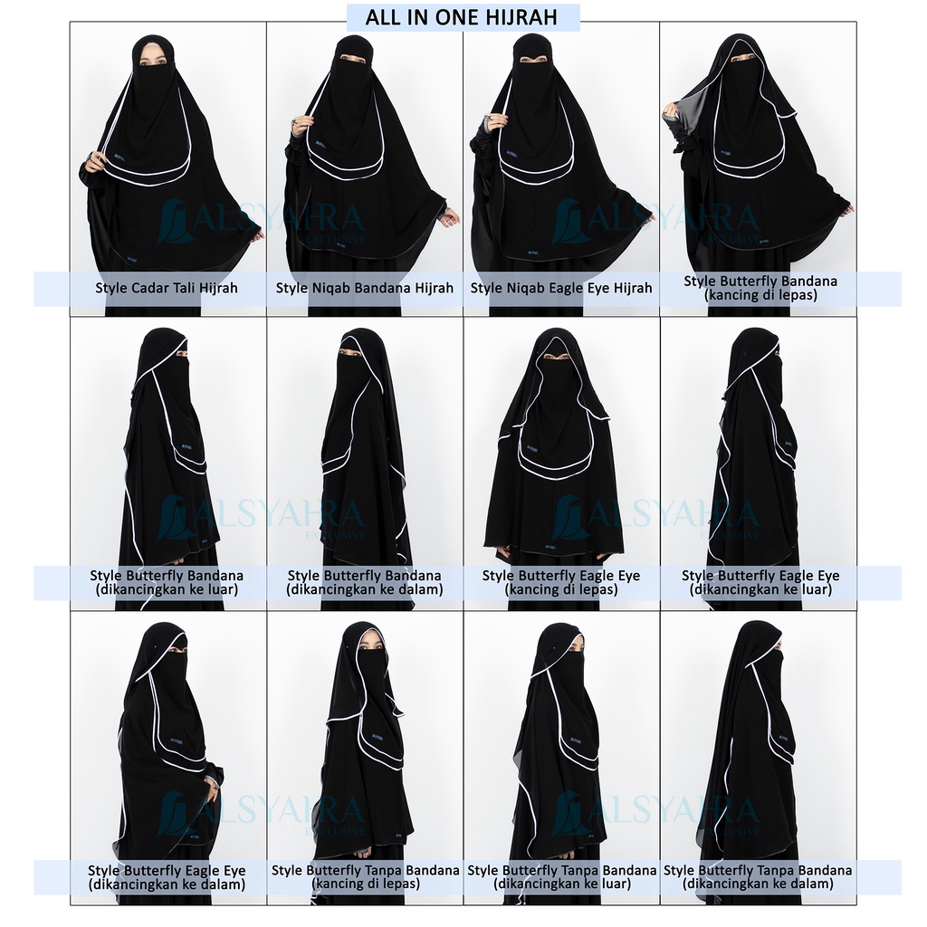 Alsyahra Exclusive - Bundling Niqab All In One Hijrah Size M Sifon Silk Jetblack Arab 12 Style