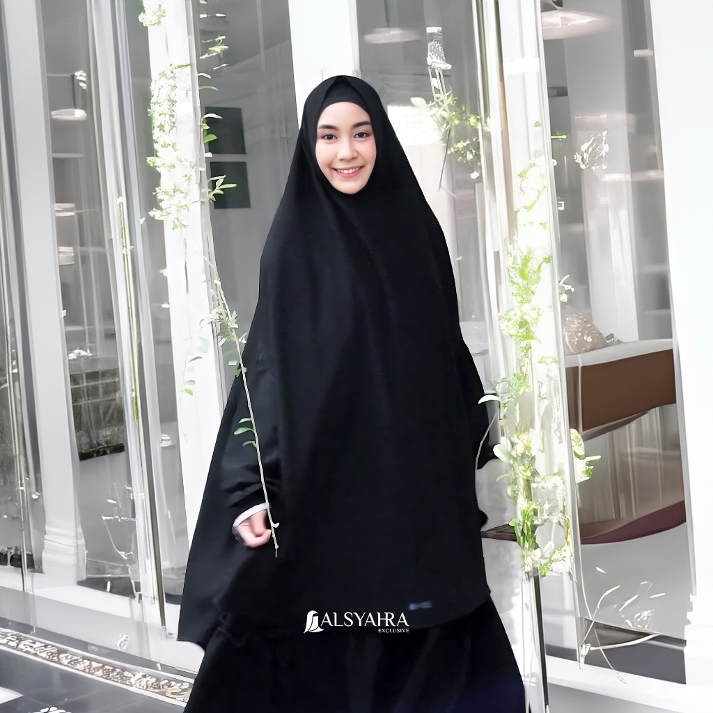 Alsyahra Exclusive - Set Khimar Syari Handzipper Cadar Tali Jetblack Size XXL