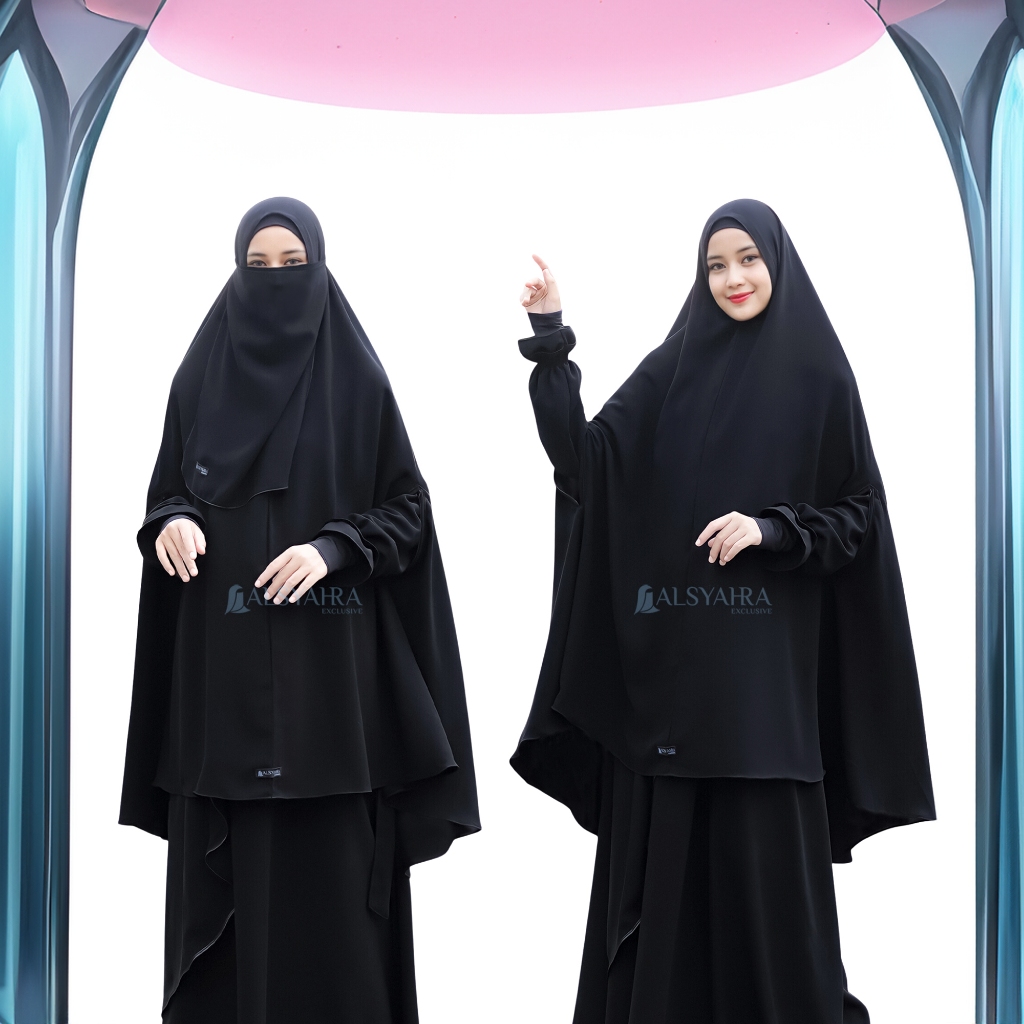 Alsyahra Exclusive - Set Khimar Syari Handzipper Cadar Tali Jetblack Size XXL