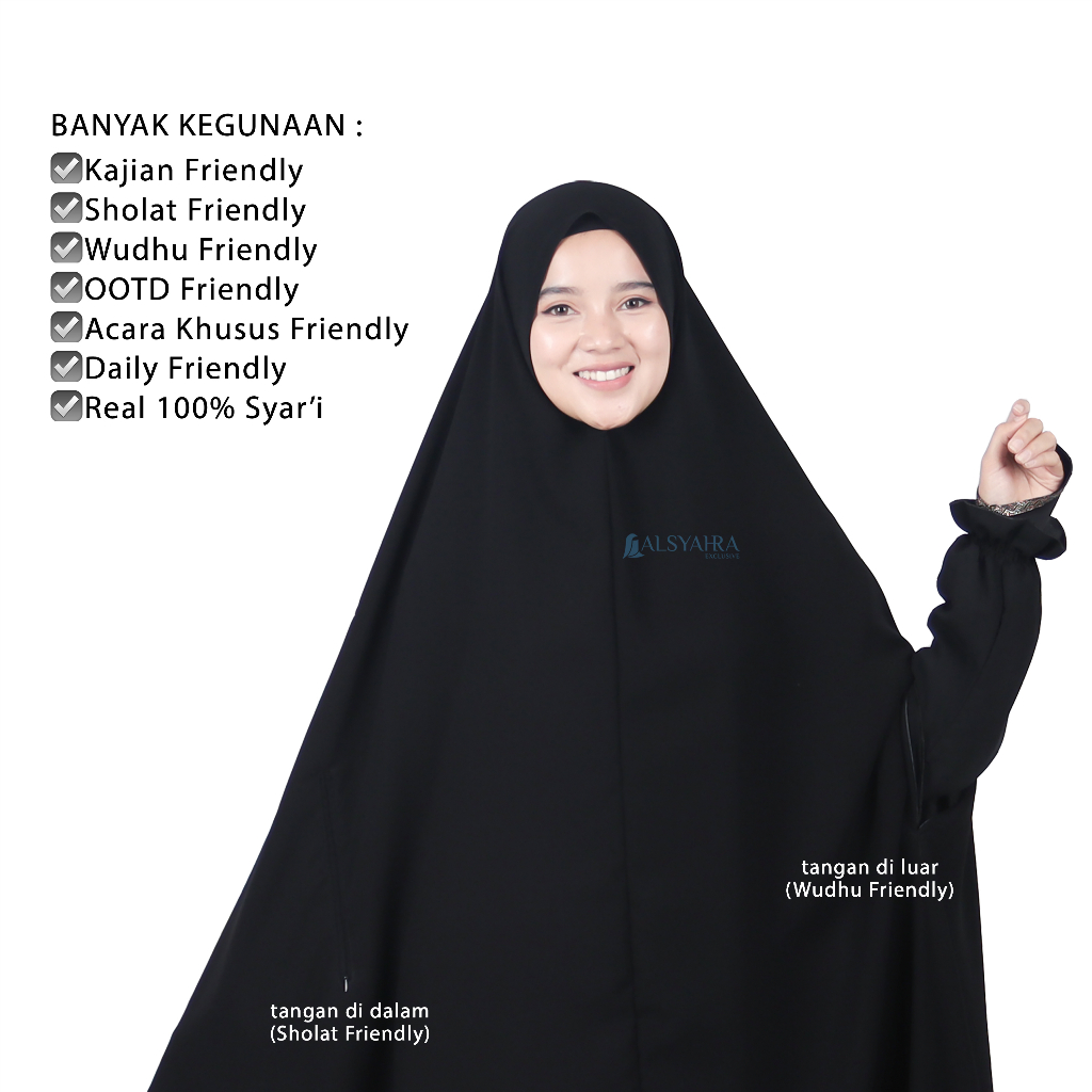 Alsyahra Exclusive - Set Khimar Syari Handzipper Cadar Tali Jetblack Size XXL