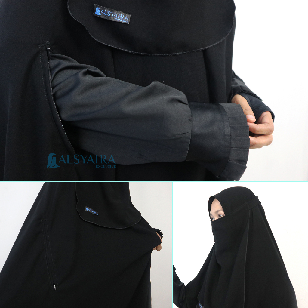 Alsyahra Exclusive - Set Khimar Syari Handzipper Cadar Tali Jetblack Size XXL