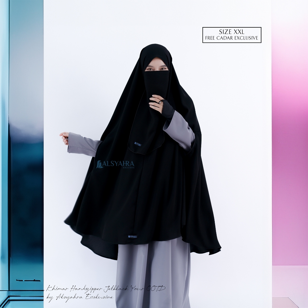 Alsyahra Exclusive - Set Khimar Syari Handzipper Cadar Tali Jetblack Size XXL