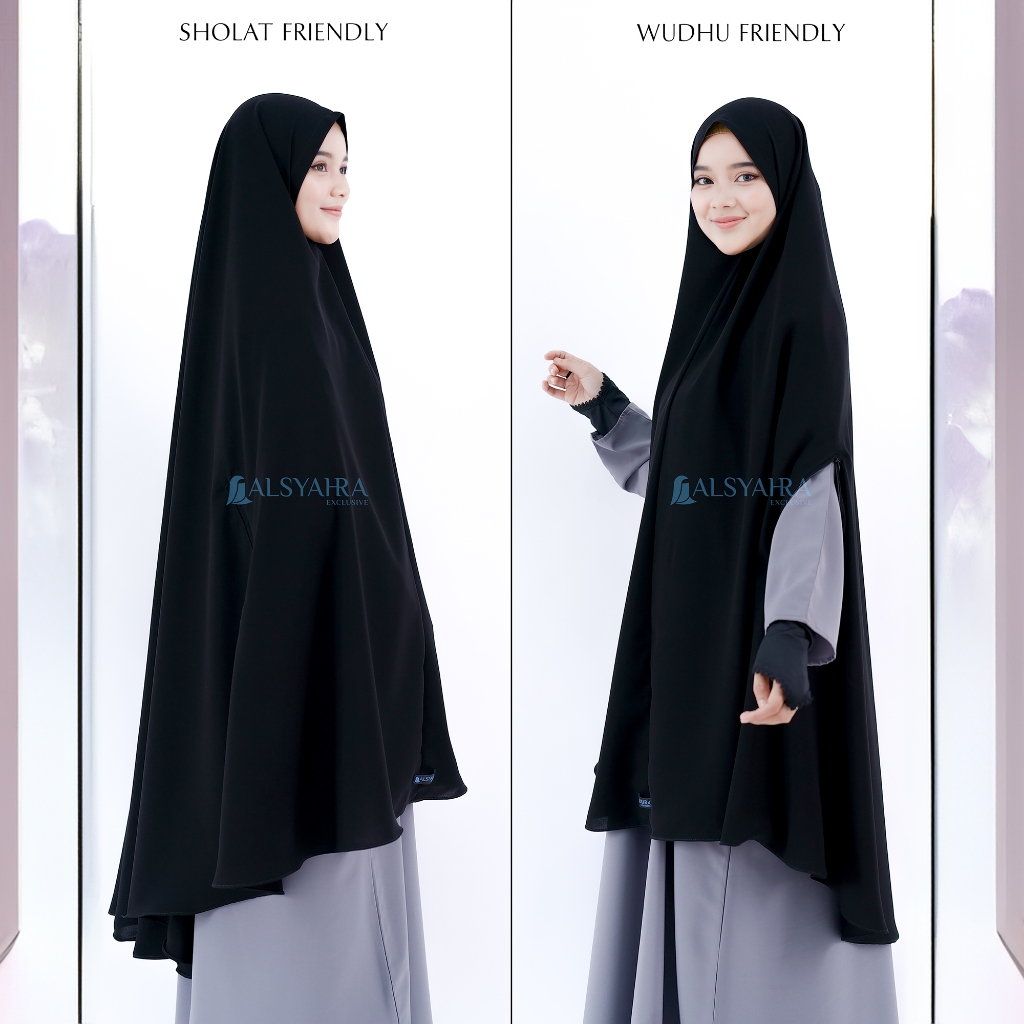 Alsyahra Exclusive - Set Khimar Syari Handzipper Cadar Tali Jetblack Size XXL