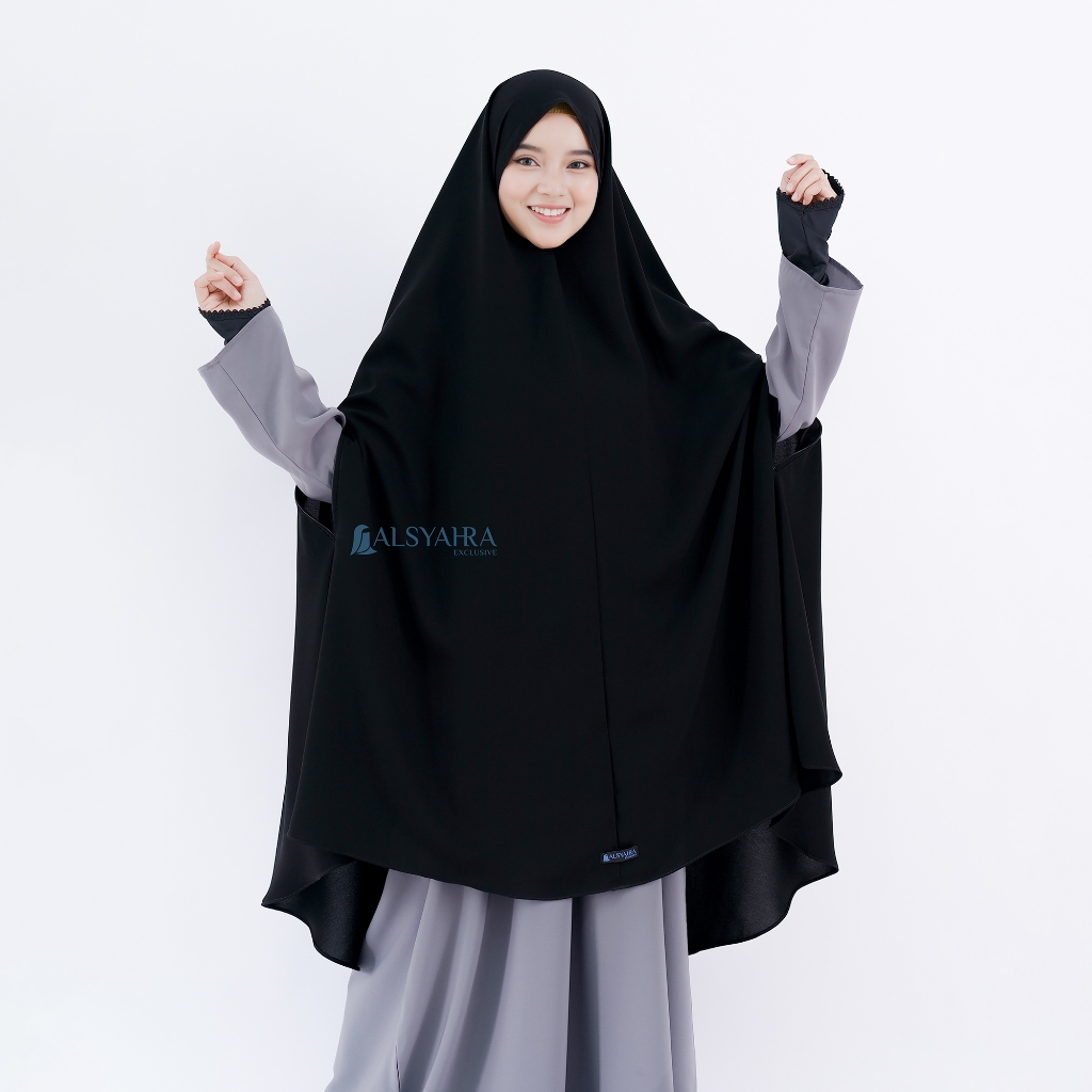 Alsyahra Exclusive - Set Khimar Syari Handzipper Cadar Tali Jetblack Size XXL