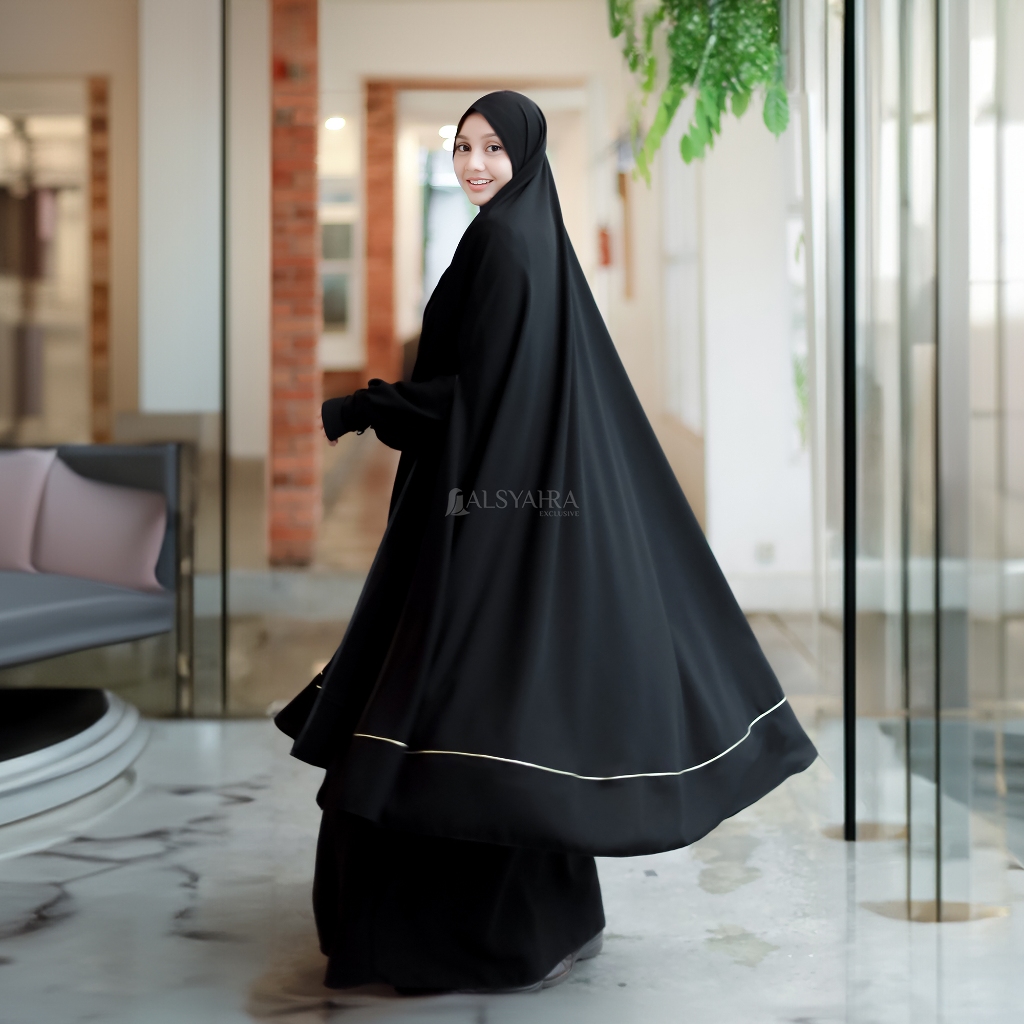 Alsyahra Exclusive - Set Long Khimar Syari Handsplit List Gold Haramain Cadar Tali Jetblack