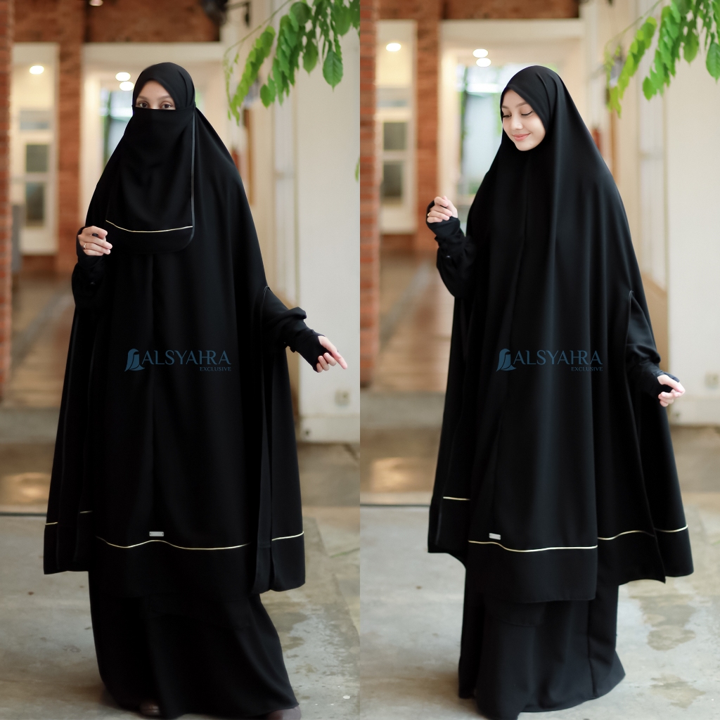 Alsyahra Exclusive - Set Long Khimar Syari Handsplit List Gold Haramain Cadar Tali Jetblack