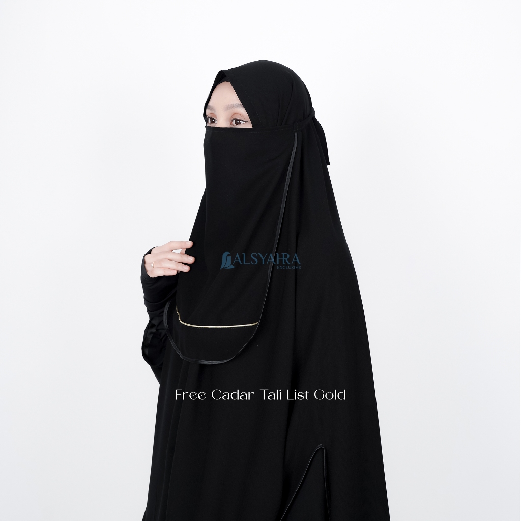 Alsyahra Exclusive - Set Long Khimar Syari Handsplit List Gold Haramain Cadar Tali Jetblack