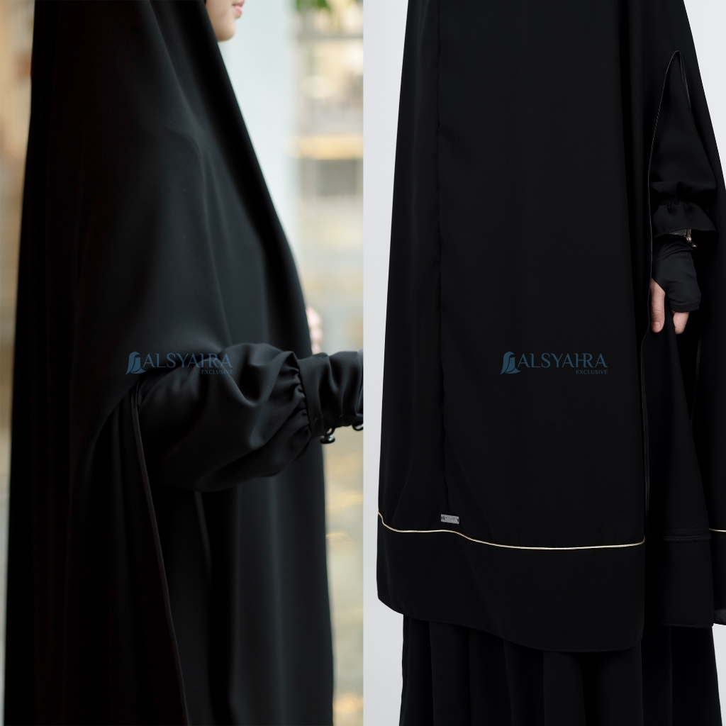 Alsyahra Exclusive - Set Long Khimar Syari Handsplit List Gold Haramain Cadar Tali Jetblack