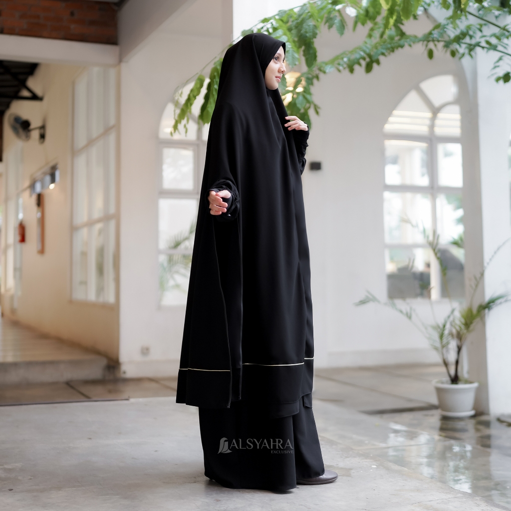 Alsyahra Exclusive - Set Long Khimar Syari Handsplit List Gold Haramain Cadar Tali Jetblack