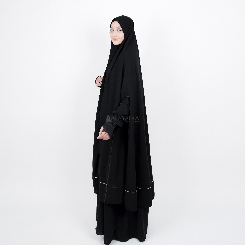 Alsyahra Exclusive - Set Long Khimar Syari Handsplit List Gold Haramain Cadar Tali Jetblack