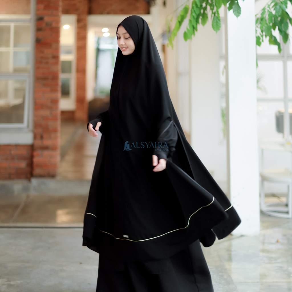 Alsyahra Exclusive - Set Long Khimar Syari Handsplit List Gold Haramain Cadar Tali Jetblack